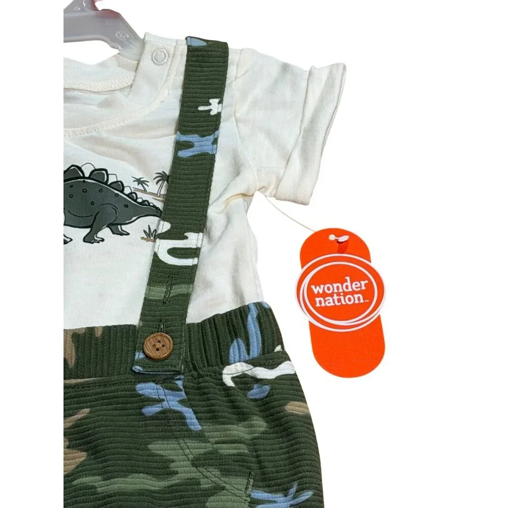 NWT Wonder Nation Baby Boys 0-3M‎ 2-Piece Outfit Set Dinosaur Shirt & Suspenders